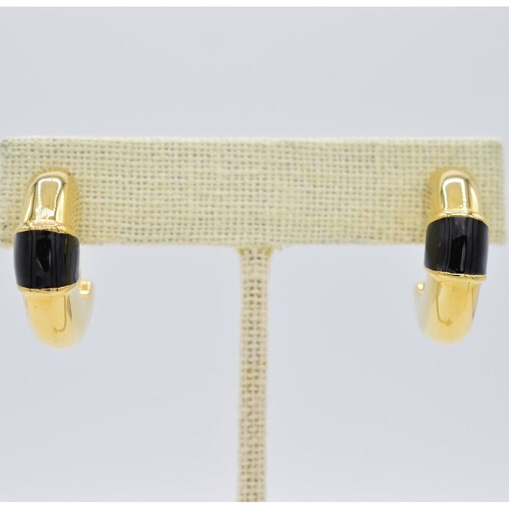 Givenchy Vintage Earrings Black Enamel Chunky Hoop Heavy Gold Signed 1980s 9C